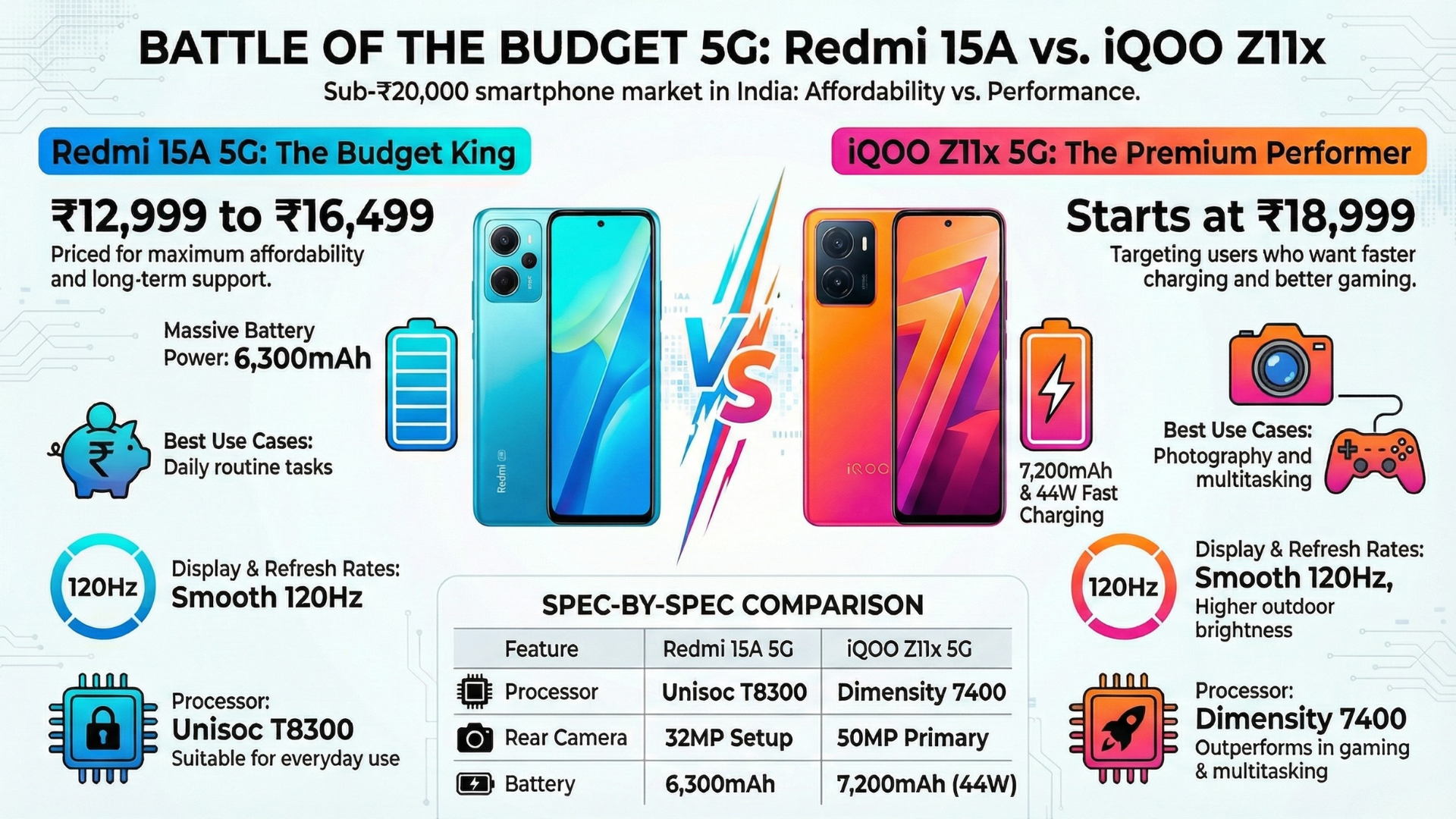 Redmi 15A 5G vs. iQOO Z11x 5G: The Smartphone Showdown